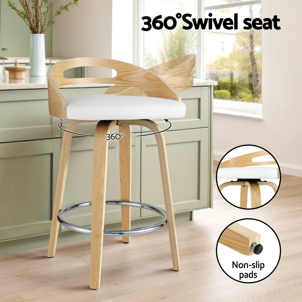 Set of 4 Aveline Swivel PU Leather Bar Stools – White & Walnut - Image 4