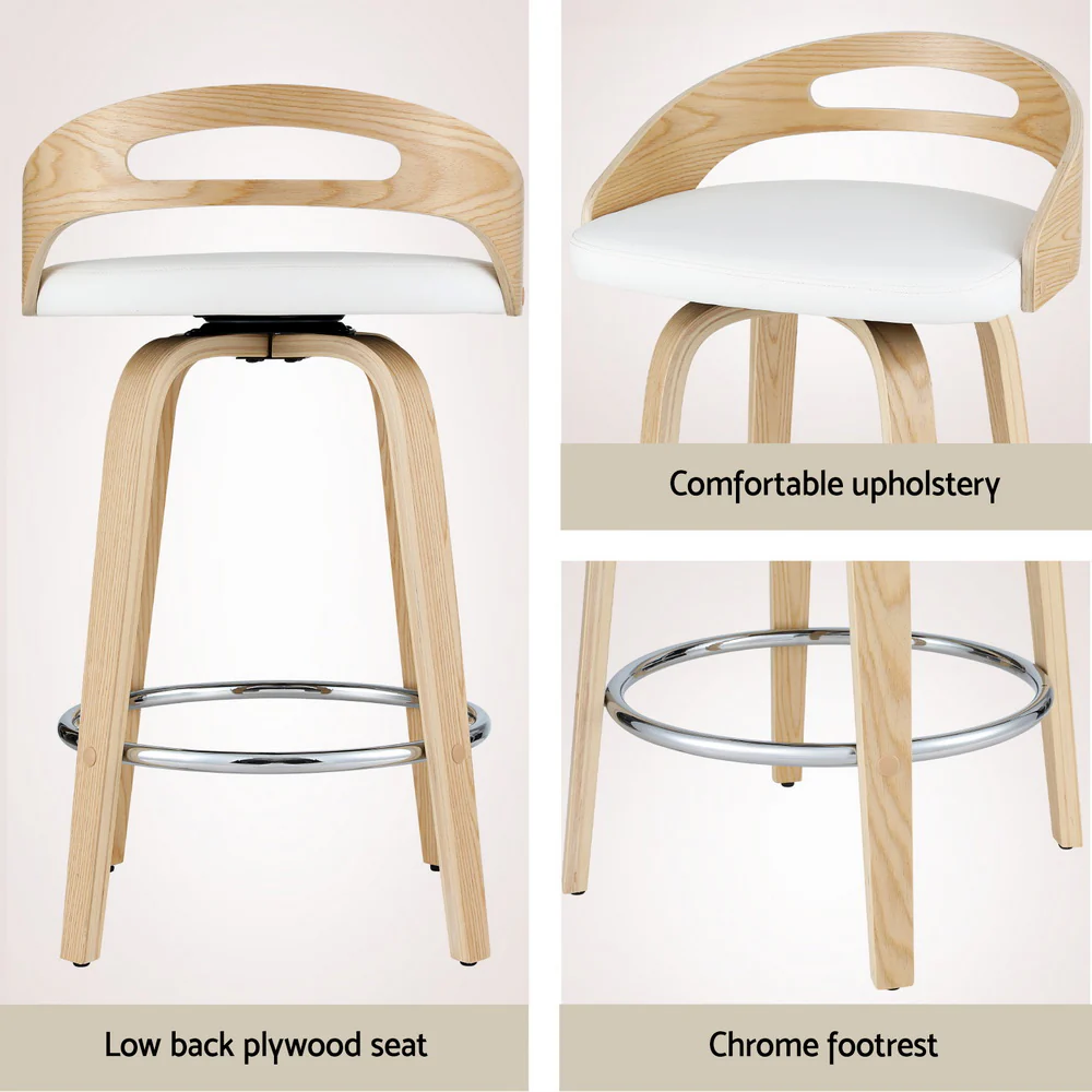 Set of 4 Aveline Swivel PU Leather Bar Stools – White & Walnut - Image 5