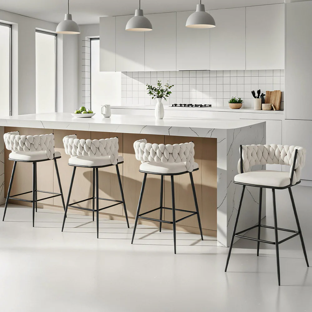 Set of 4 Avienne Velvet Bar Stools - Ivory - Image 7
