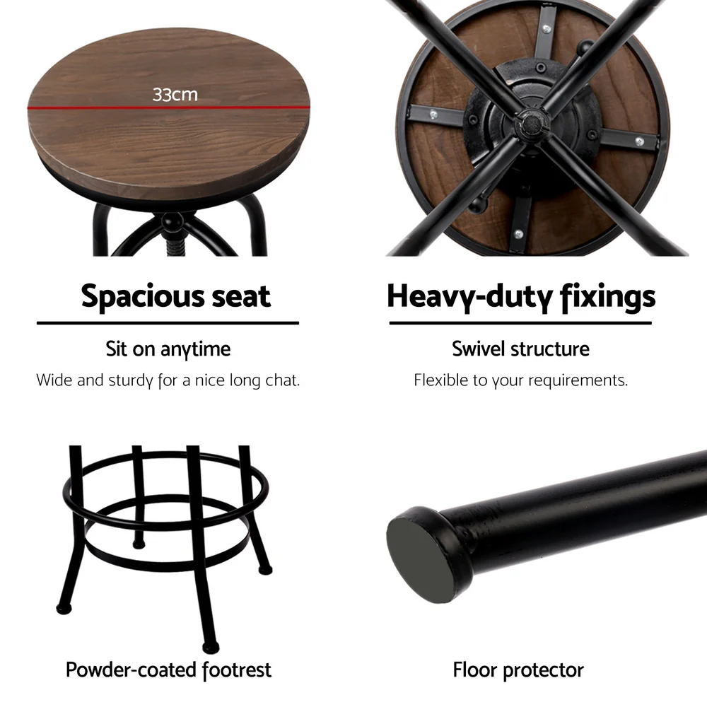 Set of 4 Bar Stool Industrial Round Seat Wood Metal - Black and Brown - Image 4