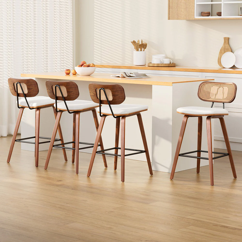 Set of 4 Coralie Rattan Back Bar Stools – Beige & Walnut - Image 7