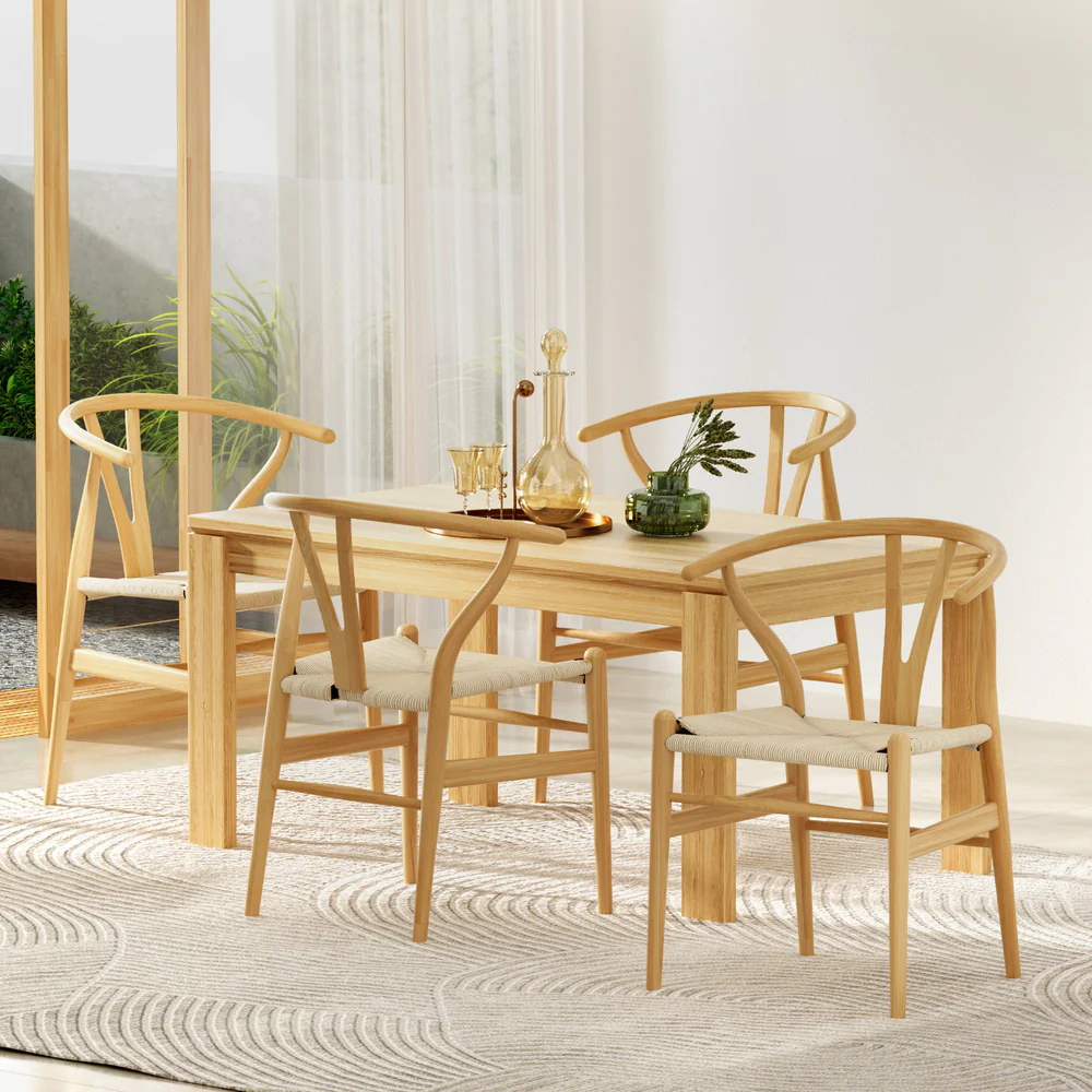 Set of 4 Dining Chairs Wooden Rattan Seat Wishbone Back - Image 7