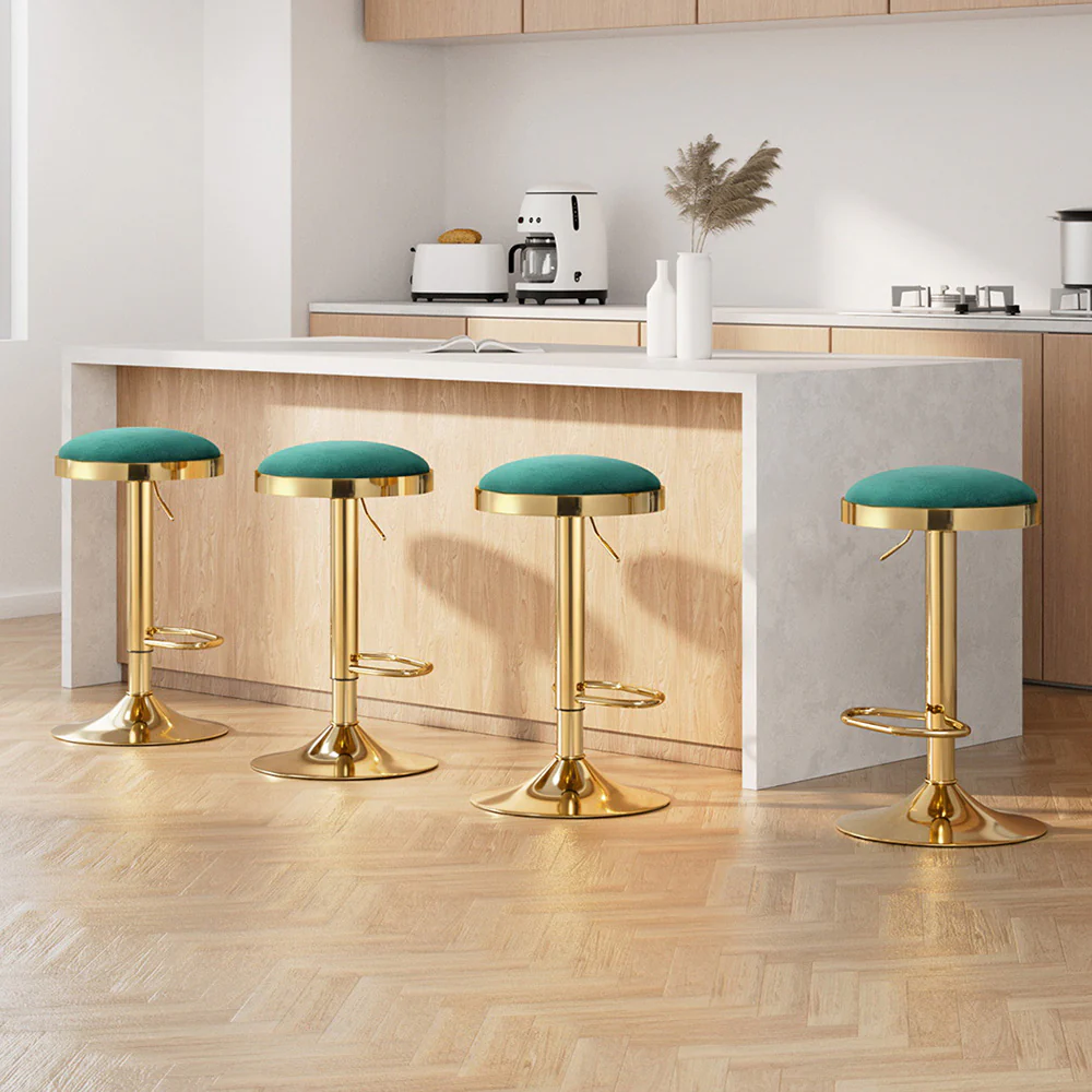 Set of 4 Eden Velvet Bar Stools – Green & Gold - Image 3