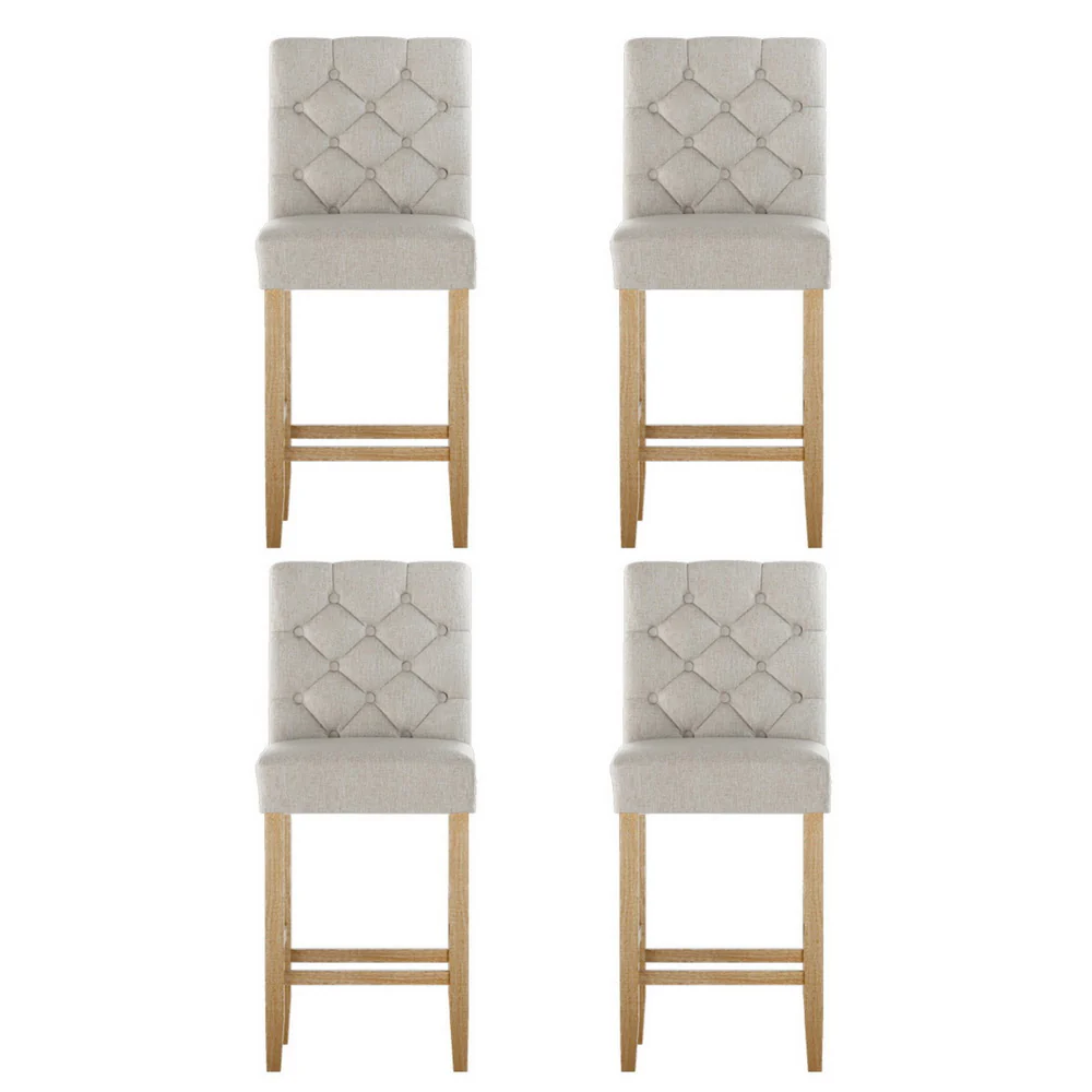 Set of 4 Elowen Tufted Linen Bar Stools – Beige - Image 3