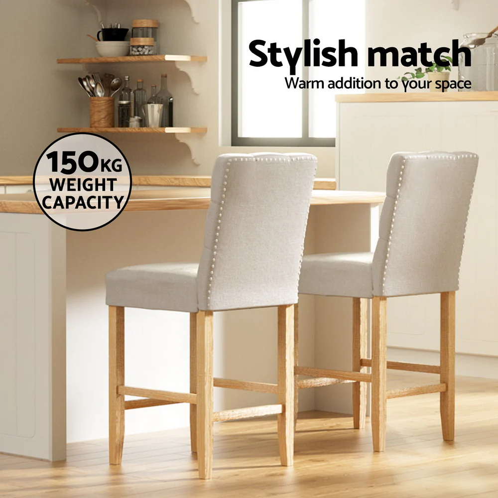 Set of 4 Elowen Tufted Linen Bar Stools – Beige - Image 4