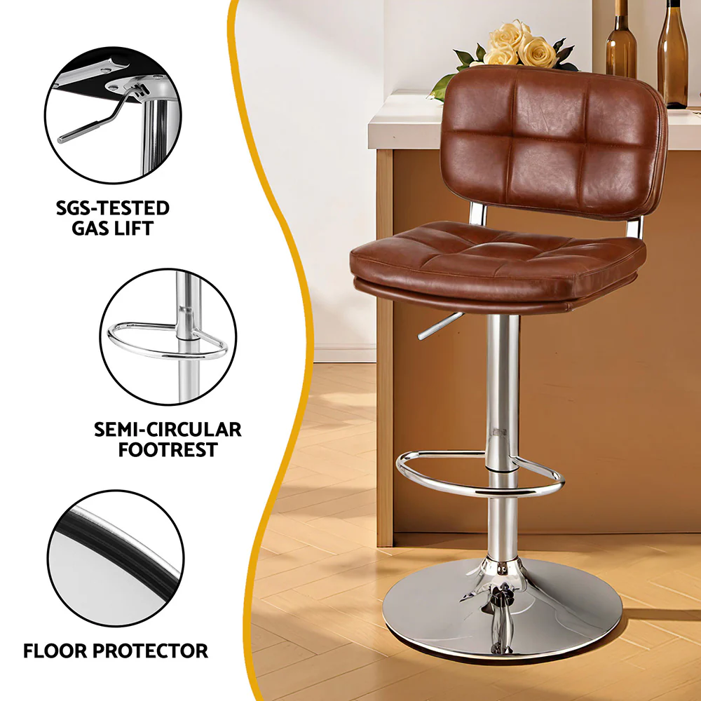 Set of 4 Emric Adjustable PU Leather Bar Stools - Brown - Image 6