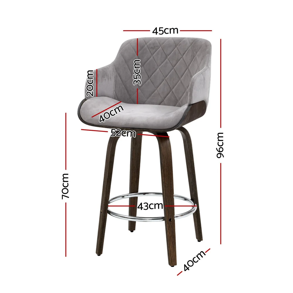 Set of 4 Evonne Wooden Swivel Bar Stools Grey Velvet - Image 2