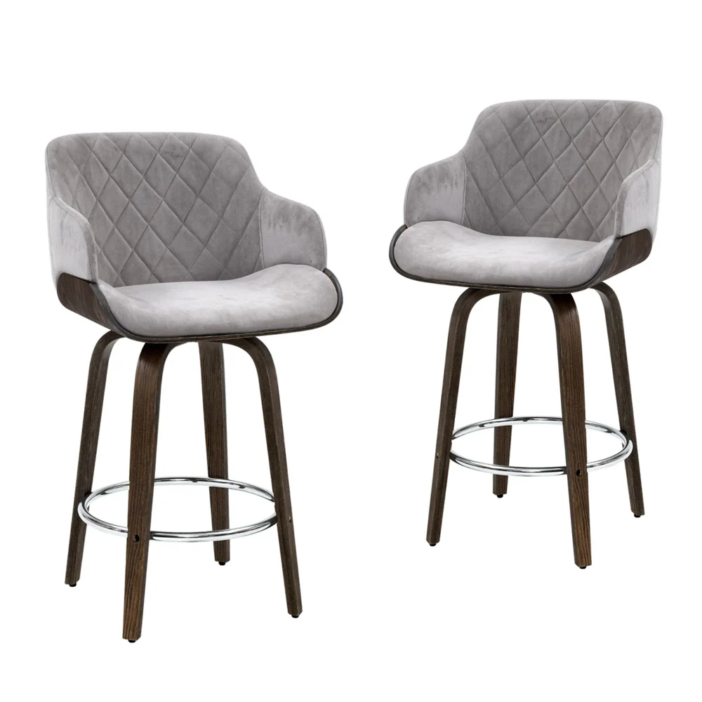 Set of 4 Evonne Wooden Swivel Bar Stools Grey Velvet - Image 3