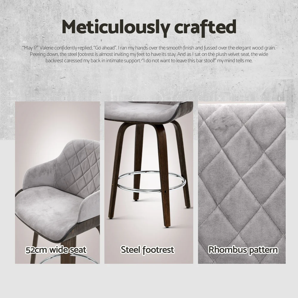 Set of 4 Evonne Wooden Swivel Bar Stools Grey Velvet - Image 5