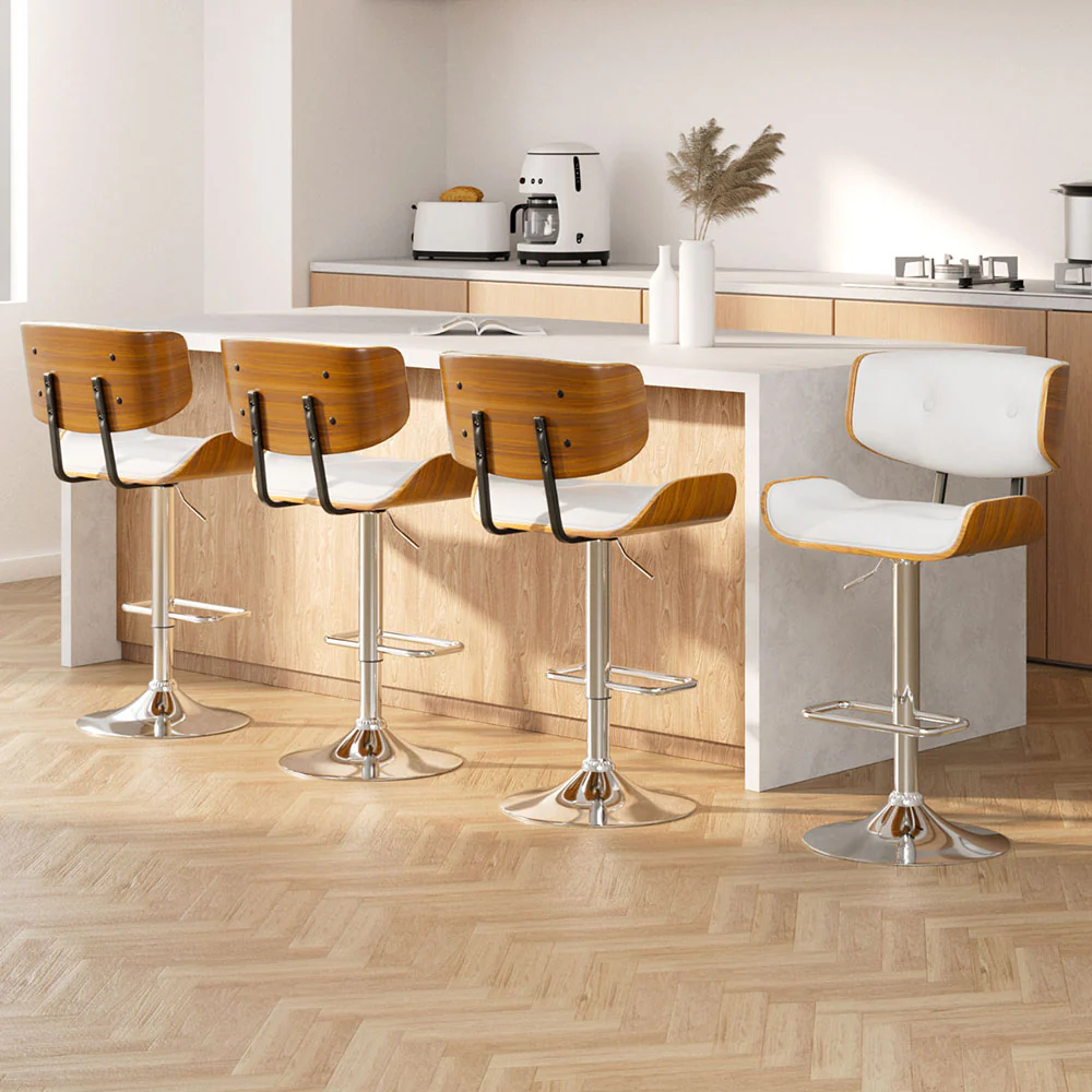 Set of 4 Hailey Wood and Leather Gas Lift Bar Stools White and Chrome