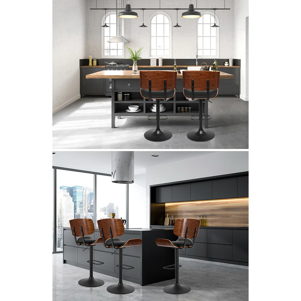 Set of 4 Harper Wood and Leather Gas Lift Bar Stools Black - Image 5