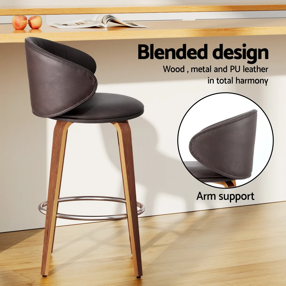 Set of 4 Luella Bar Stools – Brown Leather & Walnut Wood Finish (65cm Seat Height) - Image 5