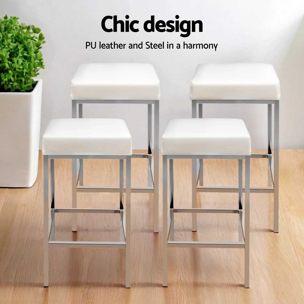 Set of 4 Luna PU Leather Bar Stools - White & Chrome - Image 4