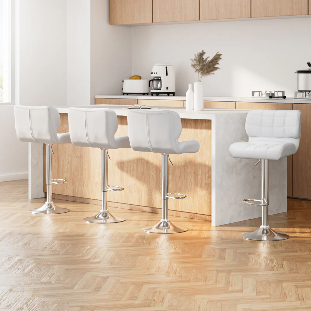 Set of 4 Preston Gas Lift Leather Bar Stools - White & Chrome - Image 8