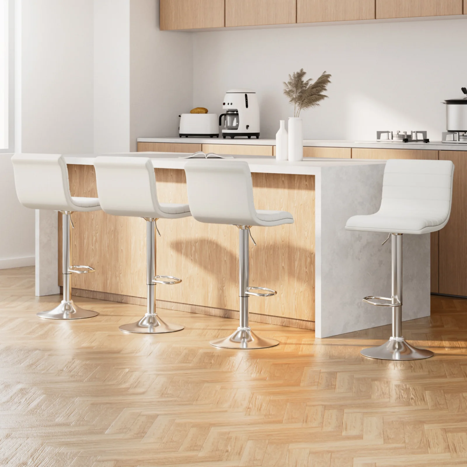 Set of 4 Remy Adjustable Leather Bar Stools – White - Image 2