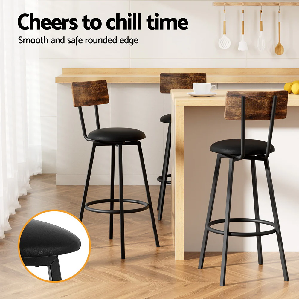 Set of 4 Ronan Industrial Leather Bar Stools - Black - Image 4