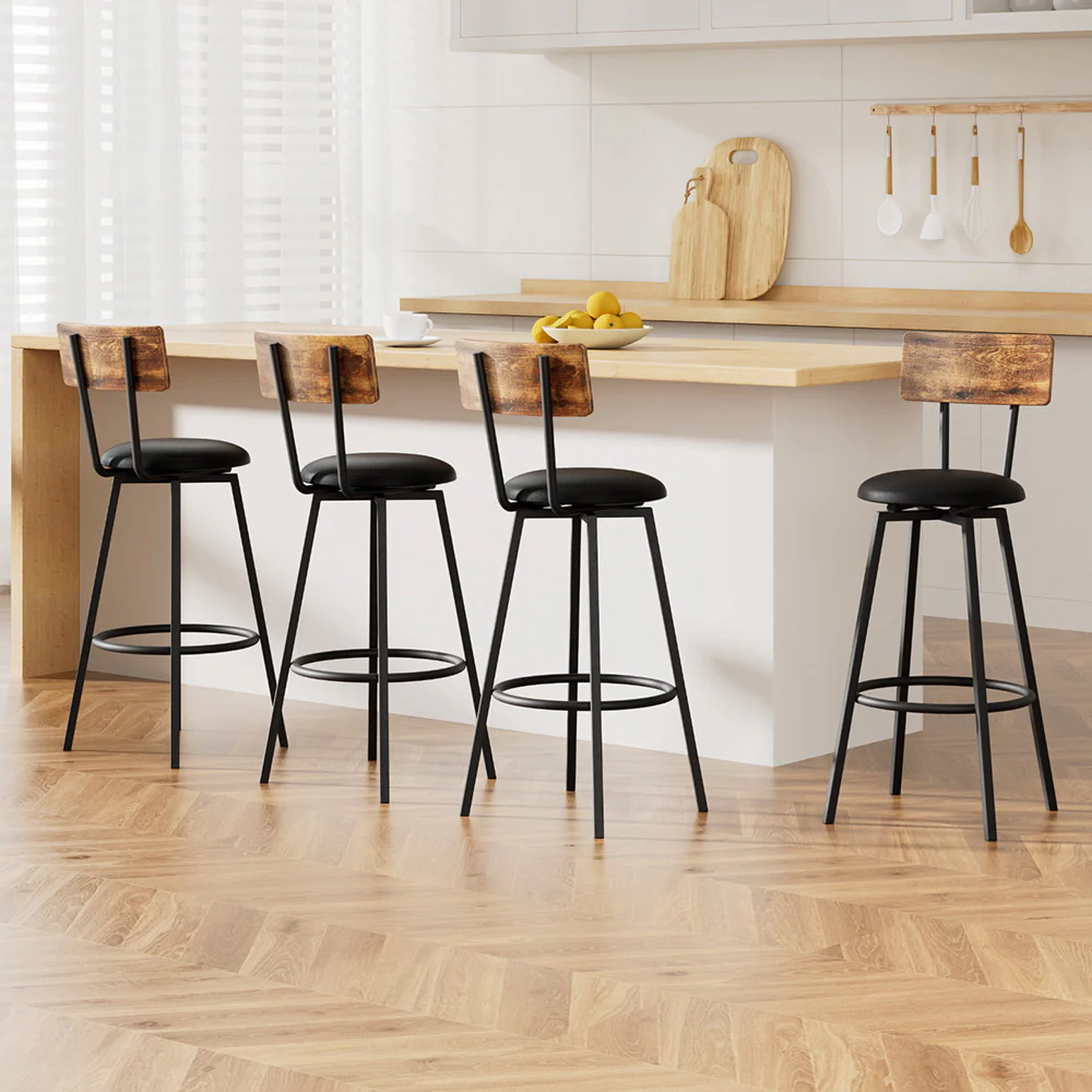 Set of 4 Ronan Industrial Leather Bar Stools - Black - Image 7