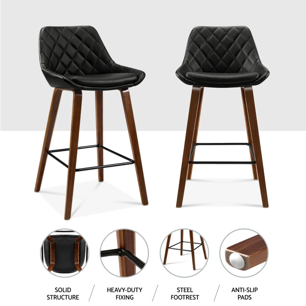 Set of 4 Sebastian Bar Stools Bentwood PU Leather Diamond Pleat - Black - Image 5