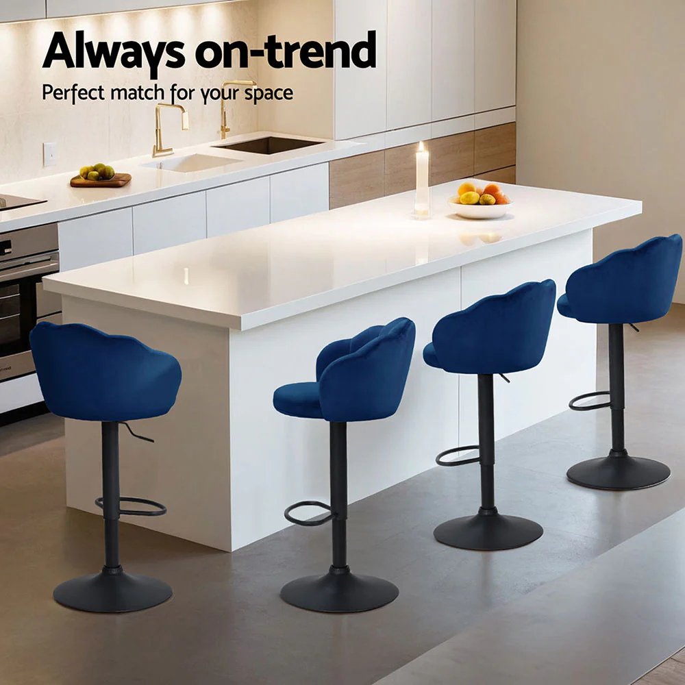 Set of 4 Selene Velvet Clam Style Bar Stools - Blue - Image 4