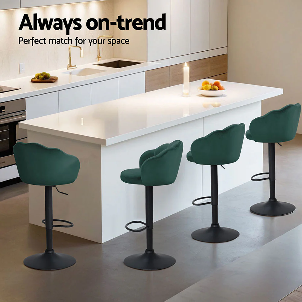 Set of 4 Selene Velvet Clam Style Bar Stools - Green - Image 4