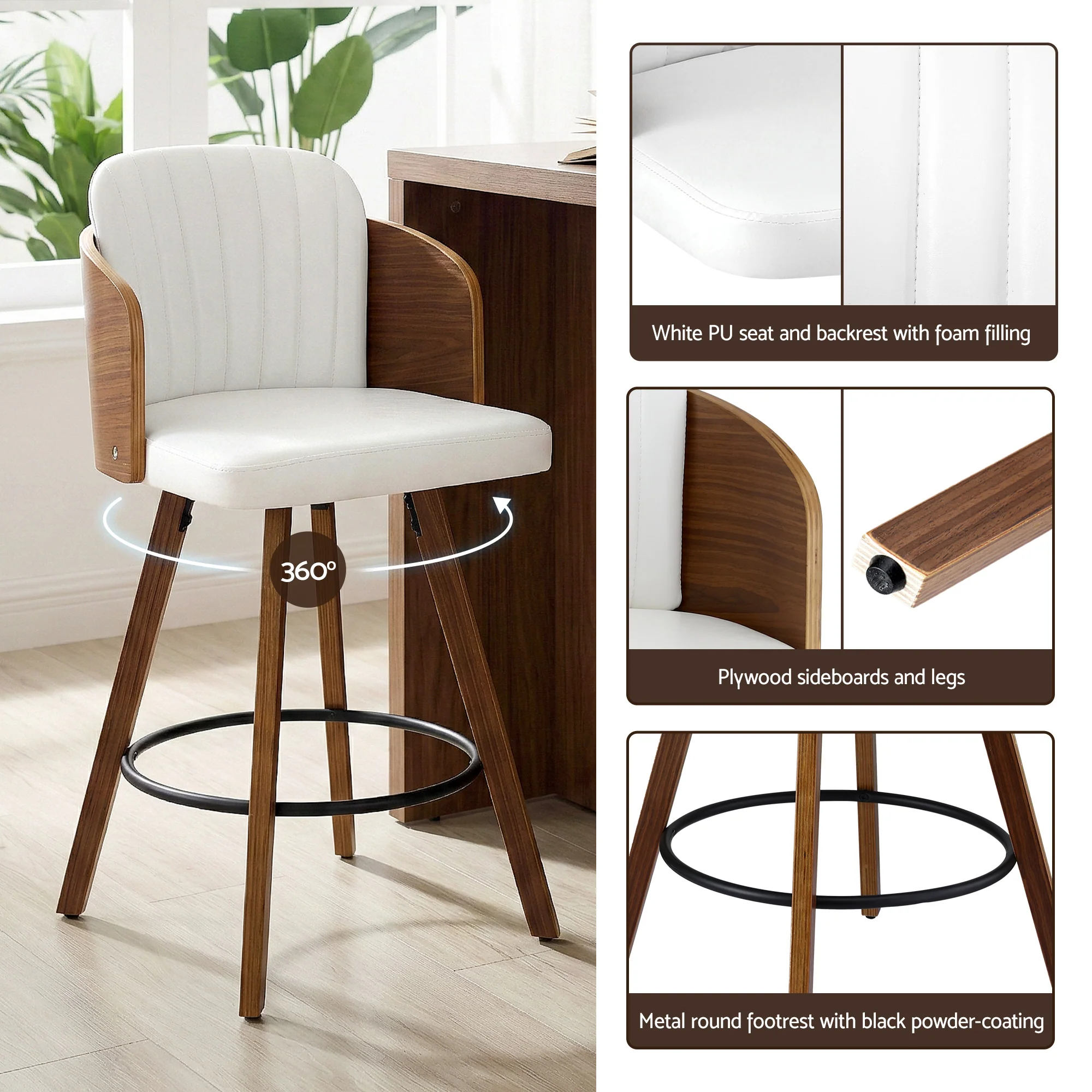 Set of 4 Wooden Swivel Kitchen Counter Stools 58cm Seat Height - White - Image 7