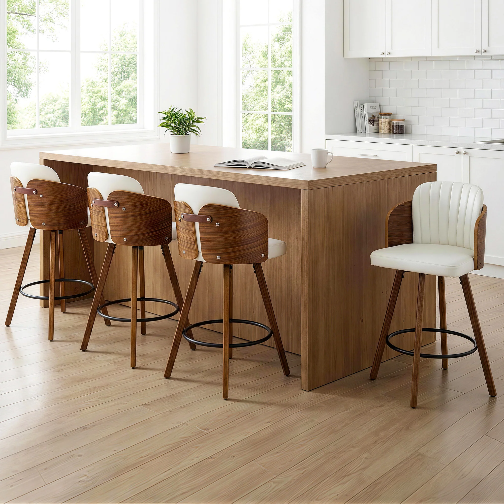 Set of 4 Wooden Swivel Kitchen Counter Stools 58cm Seat Height - White - Image 9
