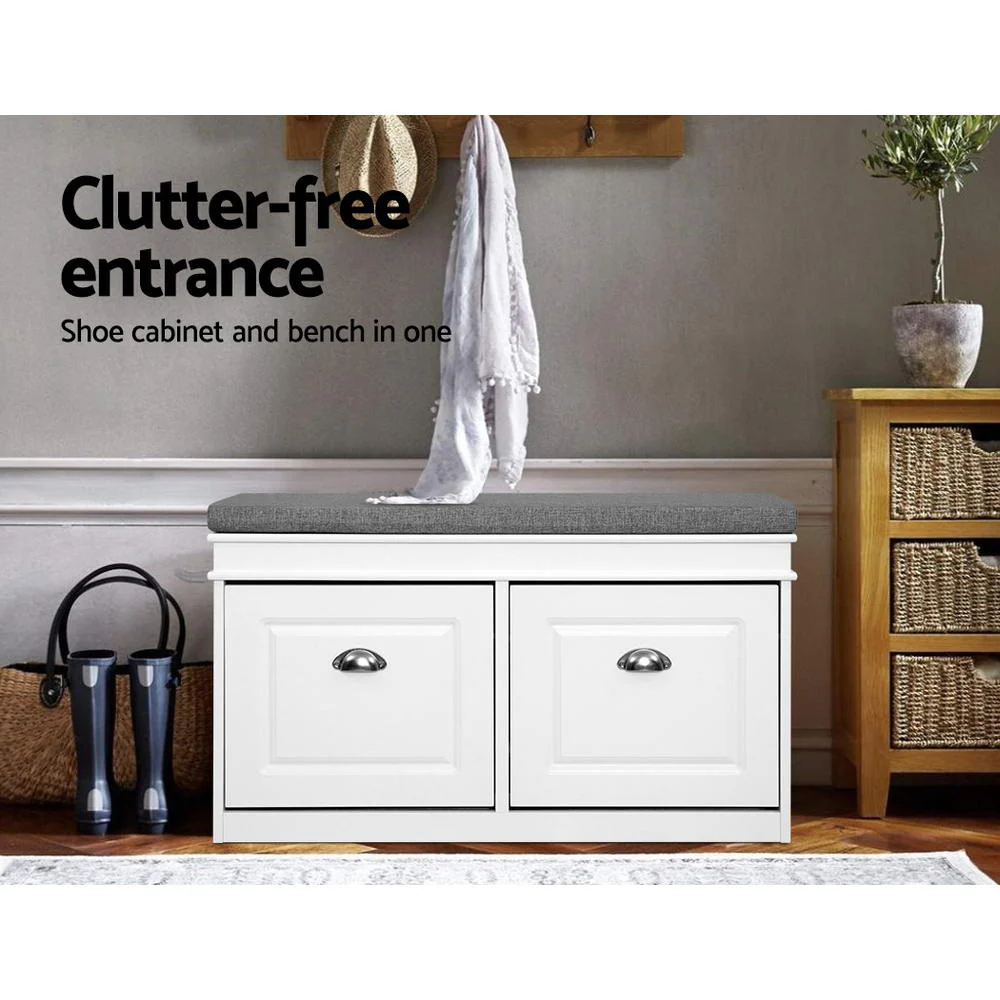 Shoe Cabinet Bench – White with Grey Padded Seat - Image 3