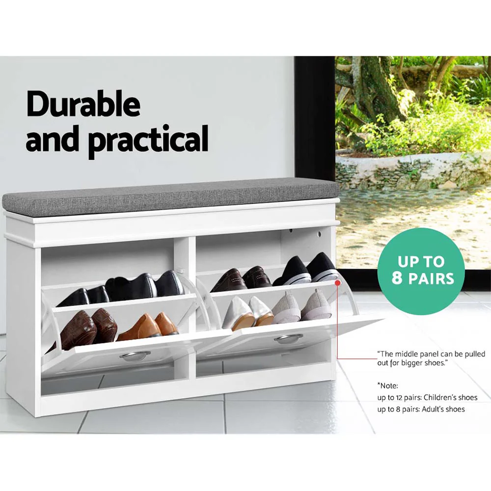 Shoe Cabinet Bench – White with Grey Padded Seat - Image 5