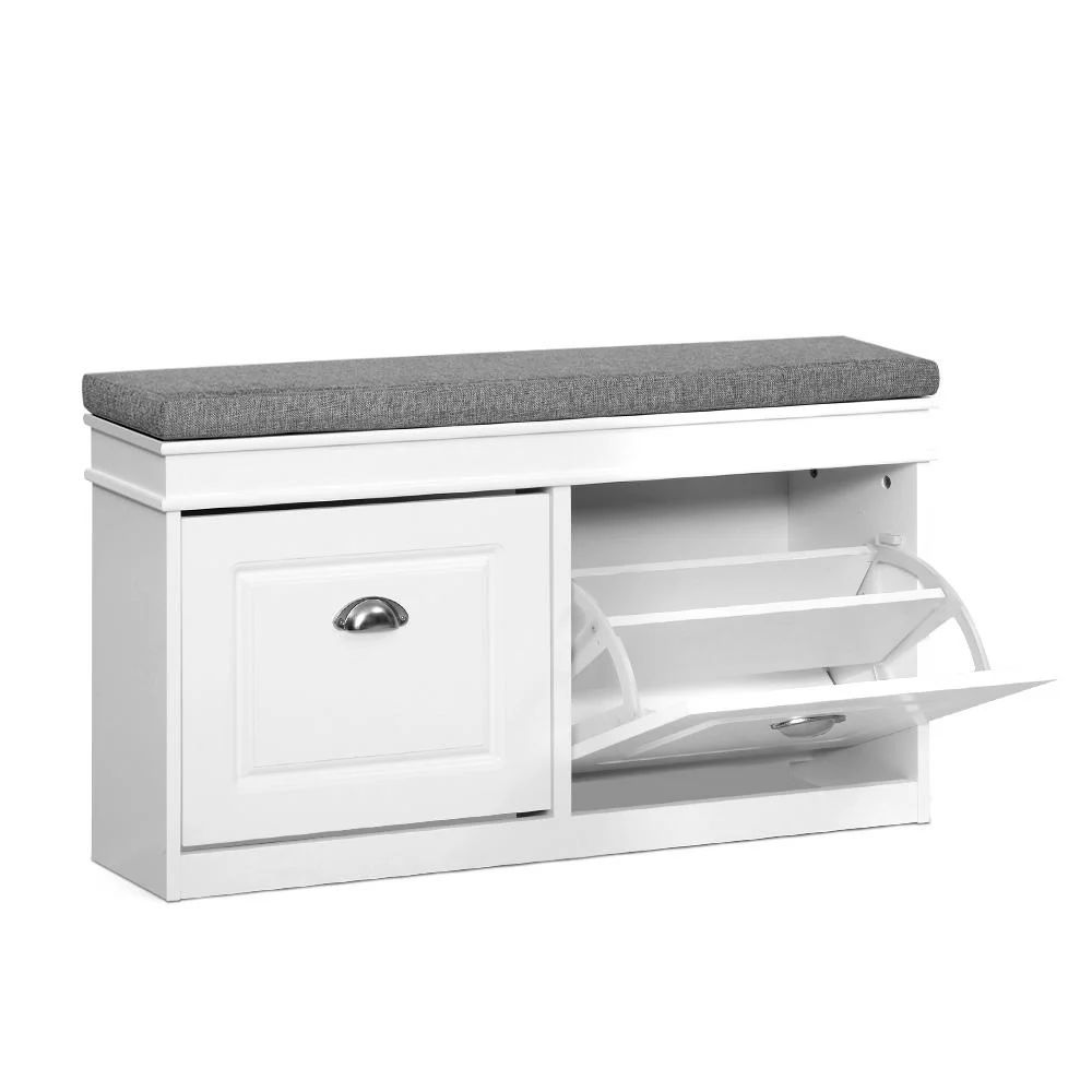 Shoe Cabinet Bench – White with Grey Padded Seat - Image 7