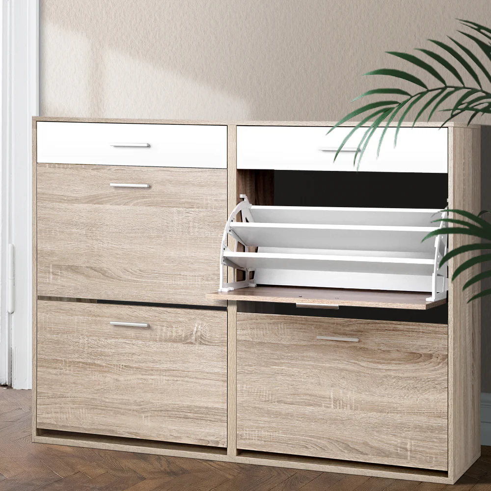 Shoe Cabinet with 4 Compartments & 2 Drawers – White & Oak