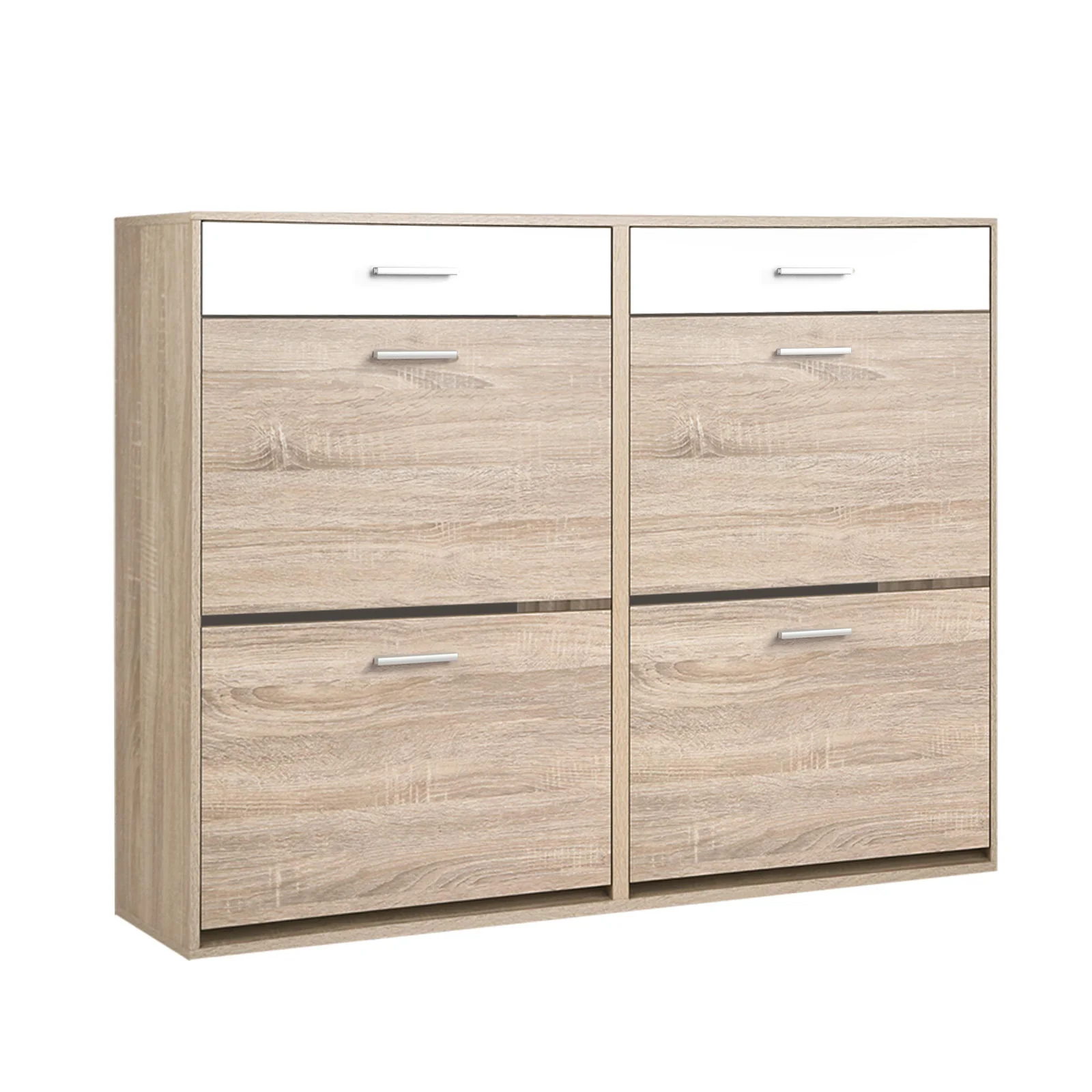 Shoe Cabinet with 4 Compartments & 2 Drawers – White & Oak - Image 2