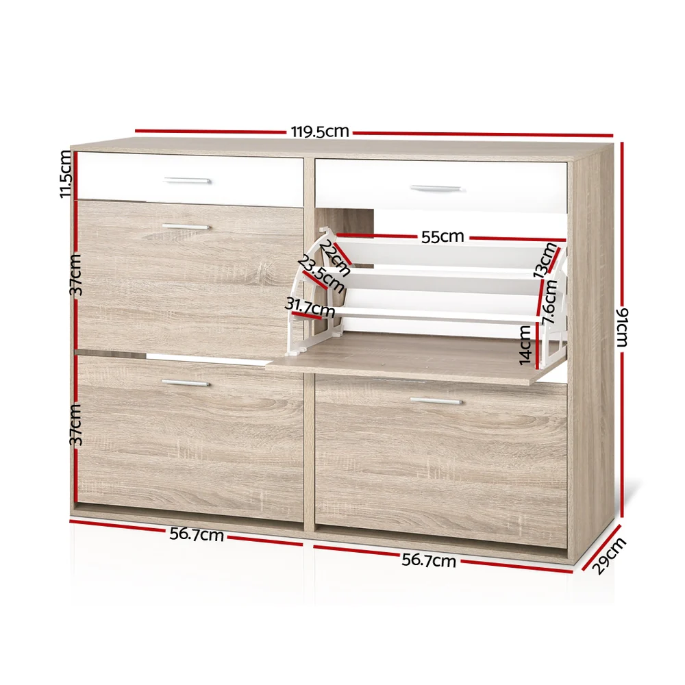 Shoe Cabinet with 4 Compartments & 2 Drawers – White & Oak - Image 3