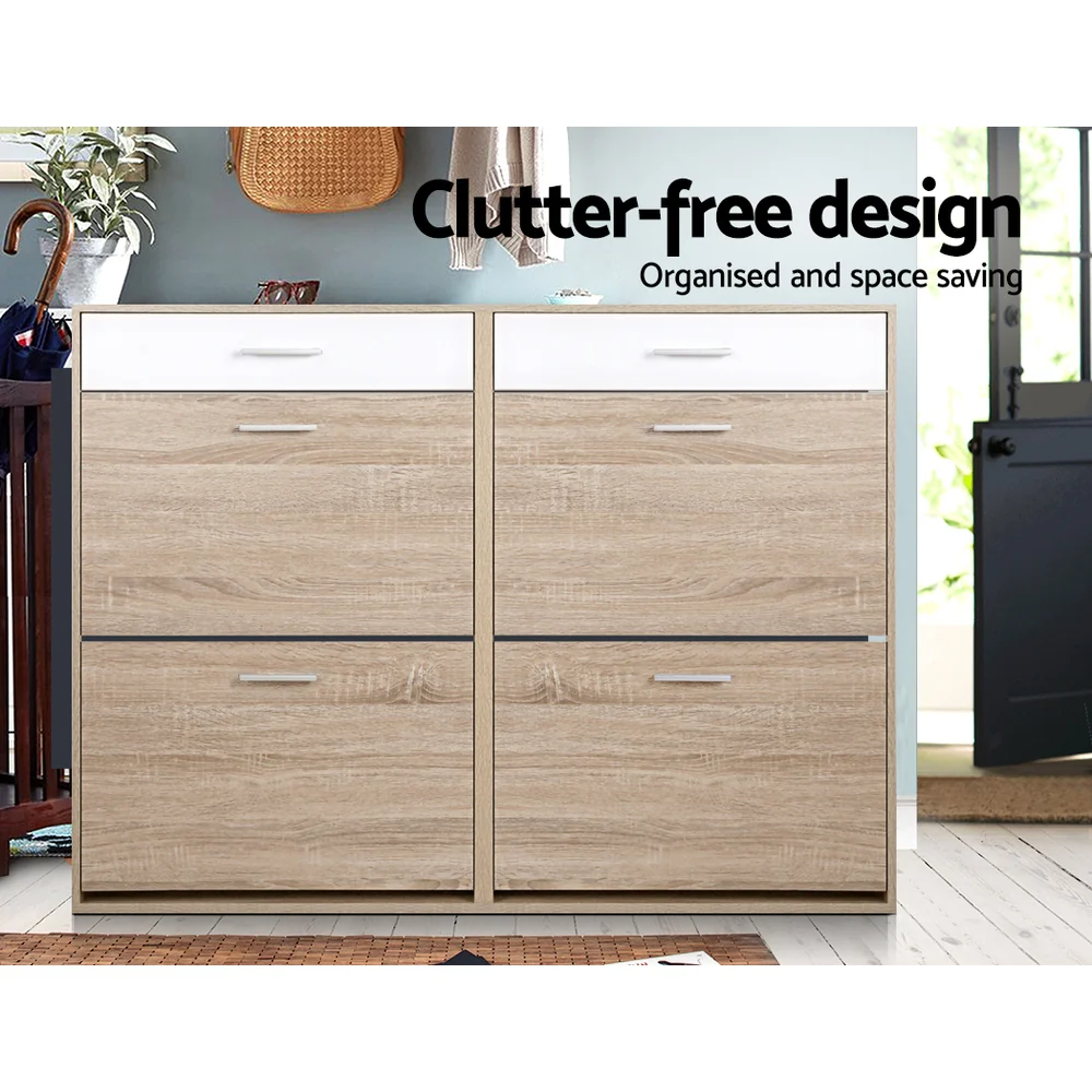 Shoe Cabinet with 4 Compartments & 2 Drawers – White & Oak - Image 4