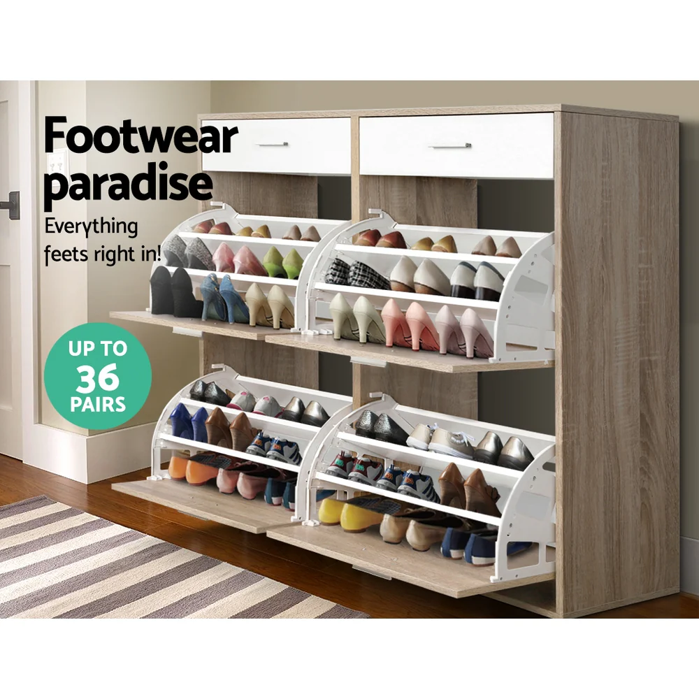 Shoe Cabinet with 4 Compartments & 2 Drawers – White & Oak - Image 5