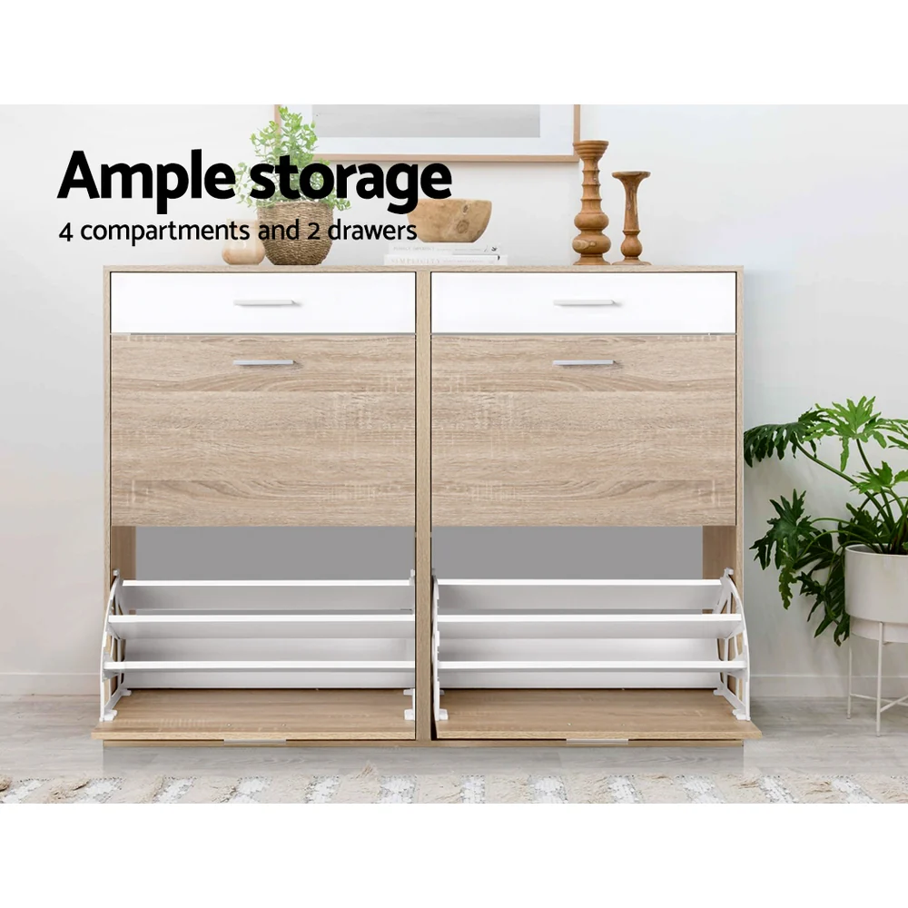 Shoe Cabinet with 4 Compartments & 2 Drawers – White & Oak - Image 6
