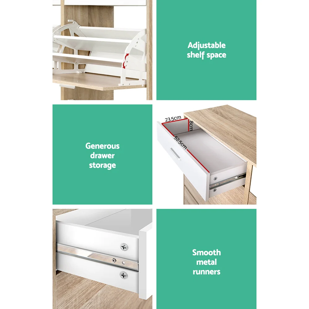 Shoe Cabinet with 4 Compartments & 2 Drawers – White & Oak - Image 7