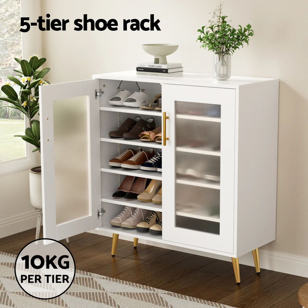 Shoe Rack 5-Tier Storage with LED Light – White & Gold - Image 5