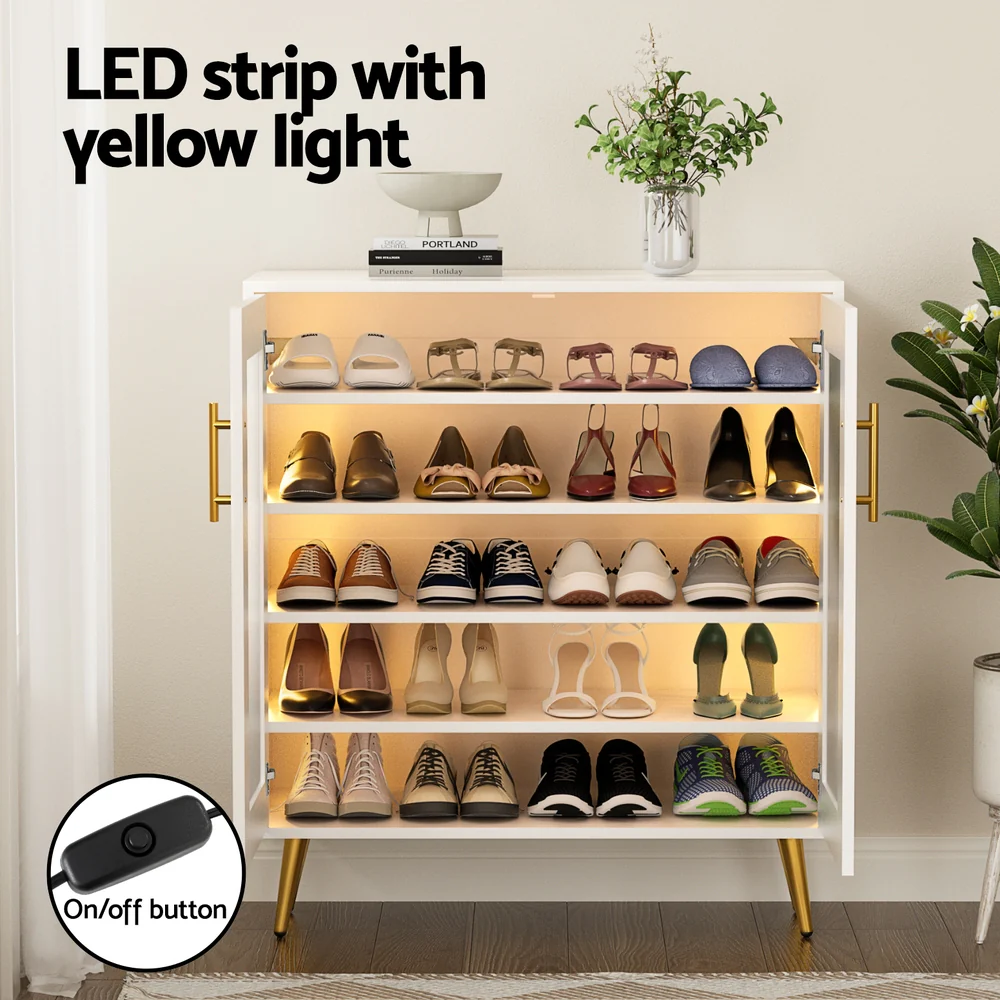 Shoe Rack 5-Tier Storage with LED Light – White & Gold - Image 6