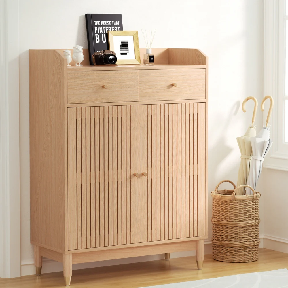 Shoe Rack Cabinet 4-Tier with Drawers – Pine Finish