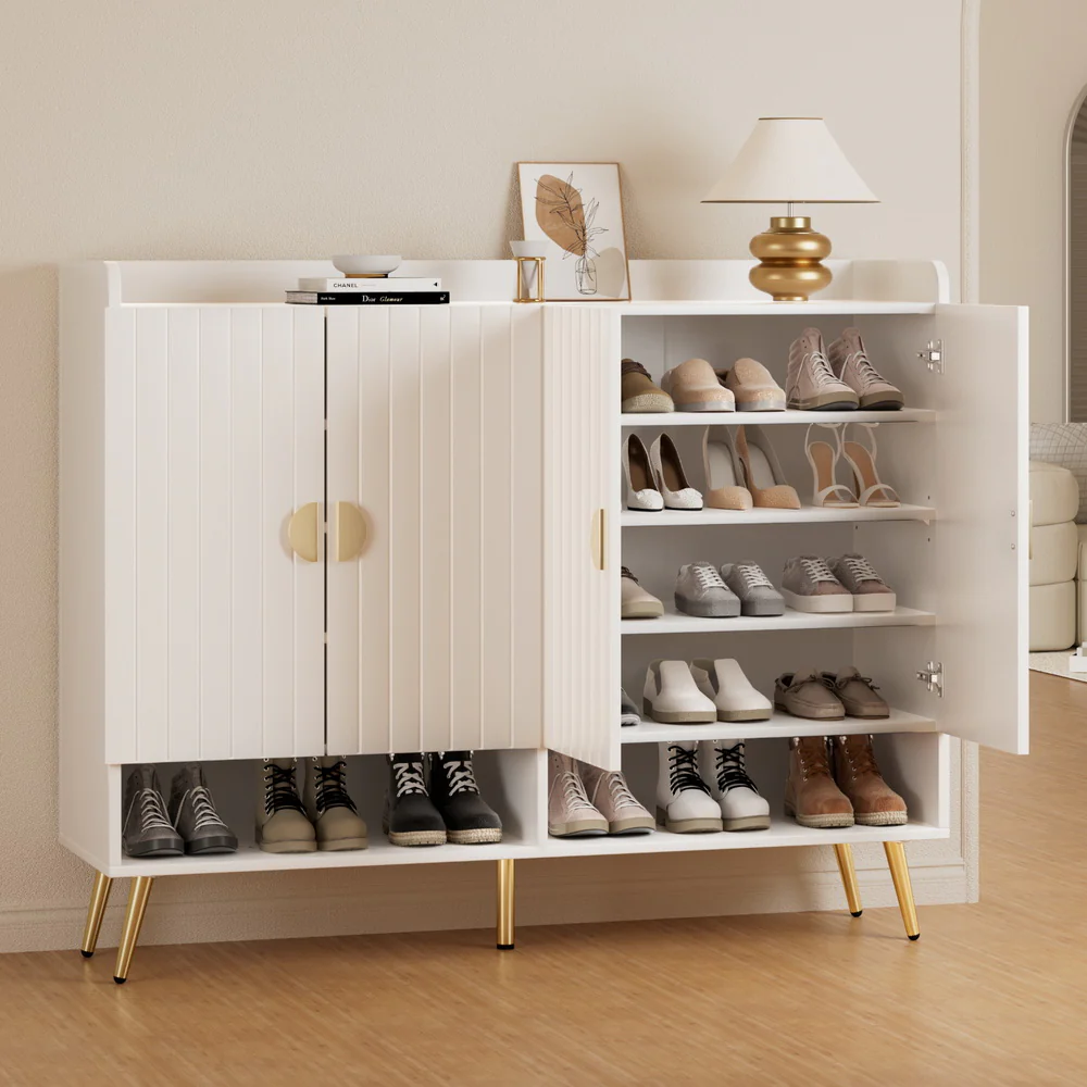 Shoe Rack Cabinet 5 Tiers – White with Gold Accents