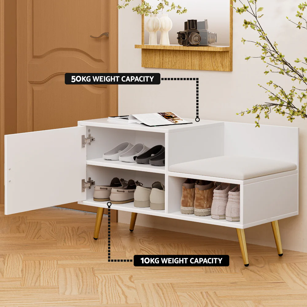 Shoe Rack Cabinet Bench – White with Gold Legs - Image 5