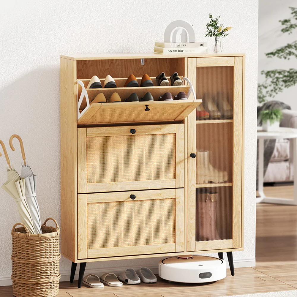 Shoe Rack Cabinet with 3 Flip-Out Drawers – Pine