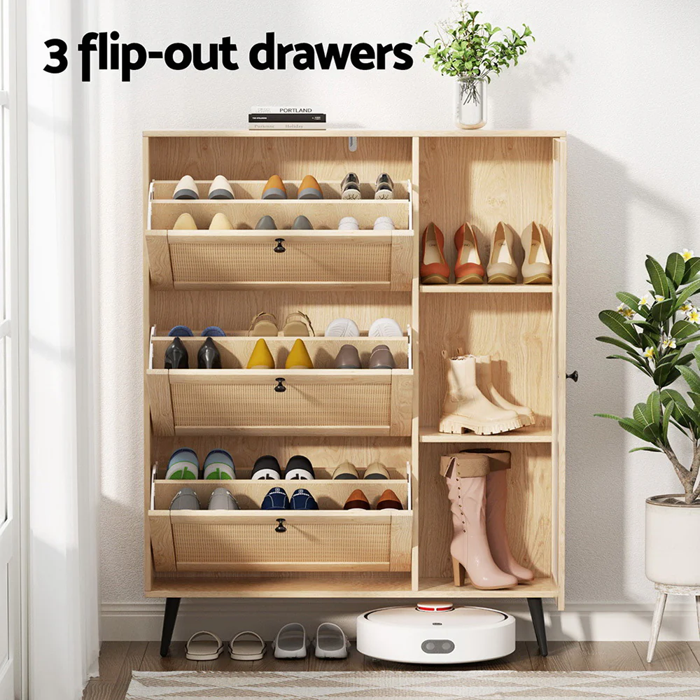 Shoe Rack Cabinet with 3 Flip-Out Drawers – Pine - Image 5