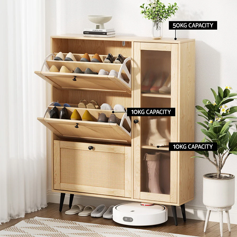 Shoe Rack Cabinet with 3 Flip-Out Drawers – Pine - Image 7