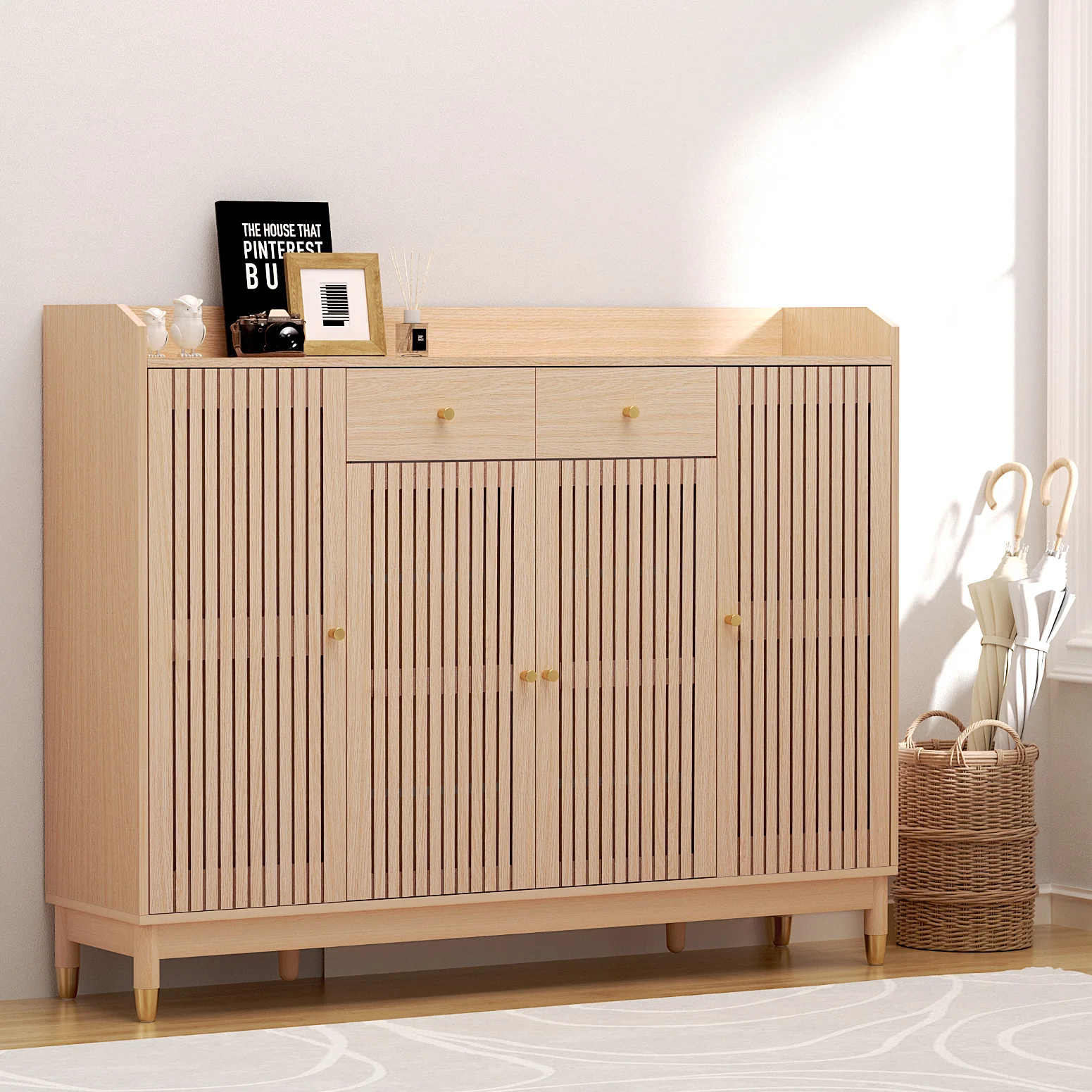 Shoe Rack Cabinet with Shelves and Drawers – Pine Finish