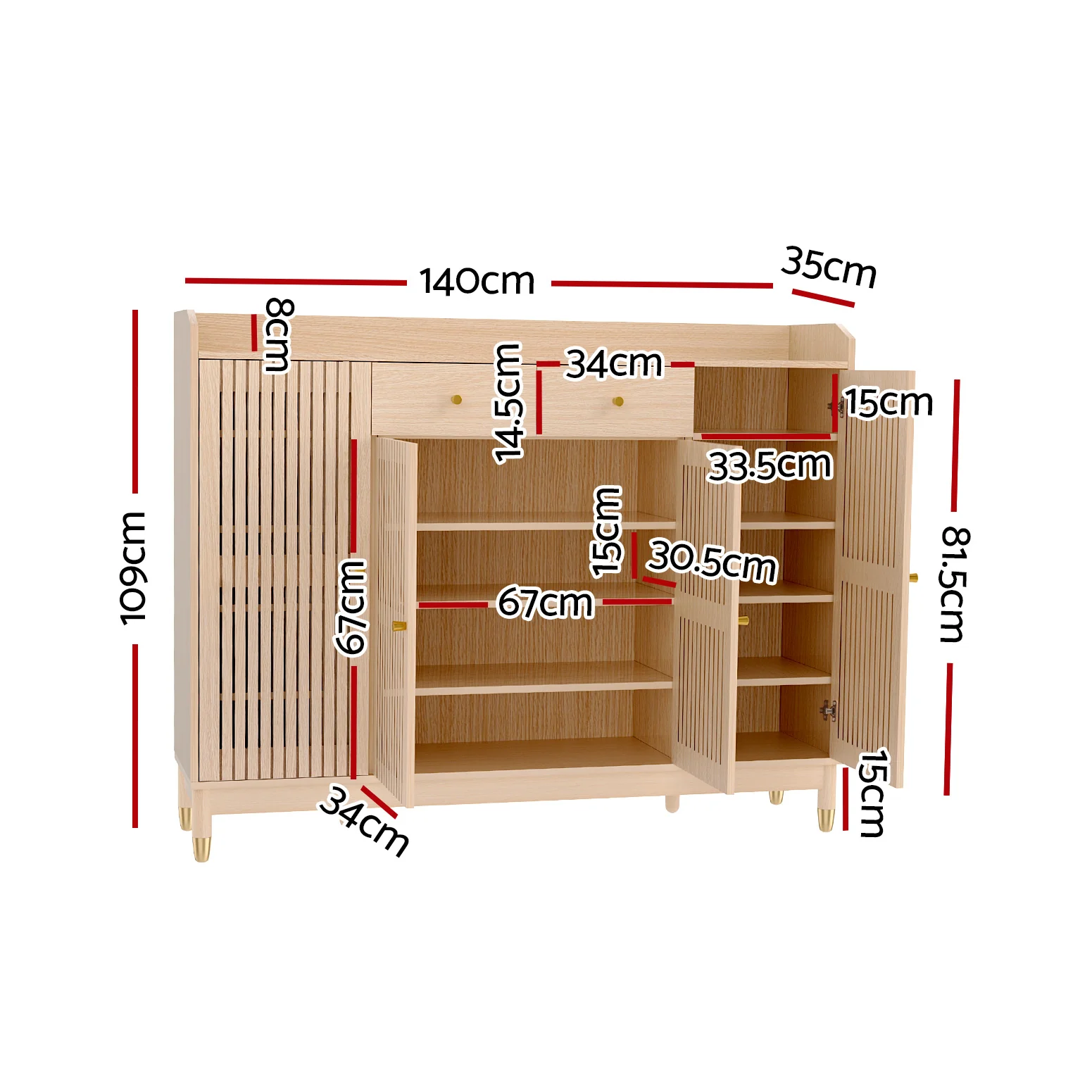Shoe Rack Cabinet with Shelves and Drawers – Pine Finish - Image 3