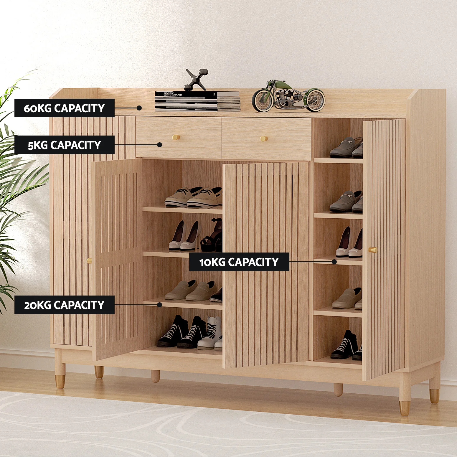 Shoe Rack Cabinet with Shelves and Drawers – Pine Finish - Image 6