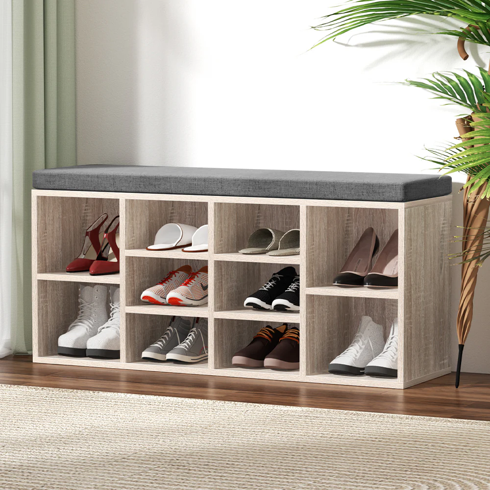 Shoe Shelf Bench with Cushioned Seat – Pine & Grey