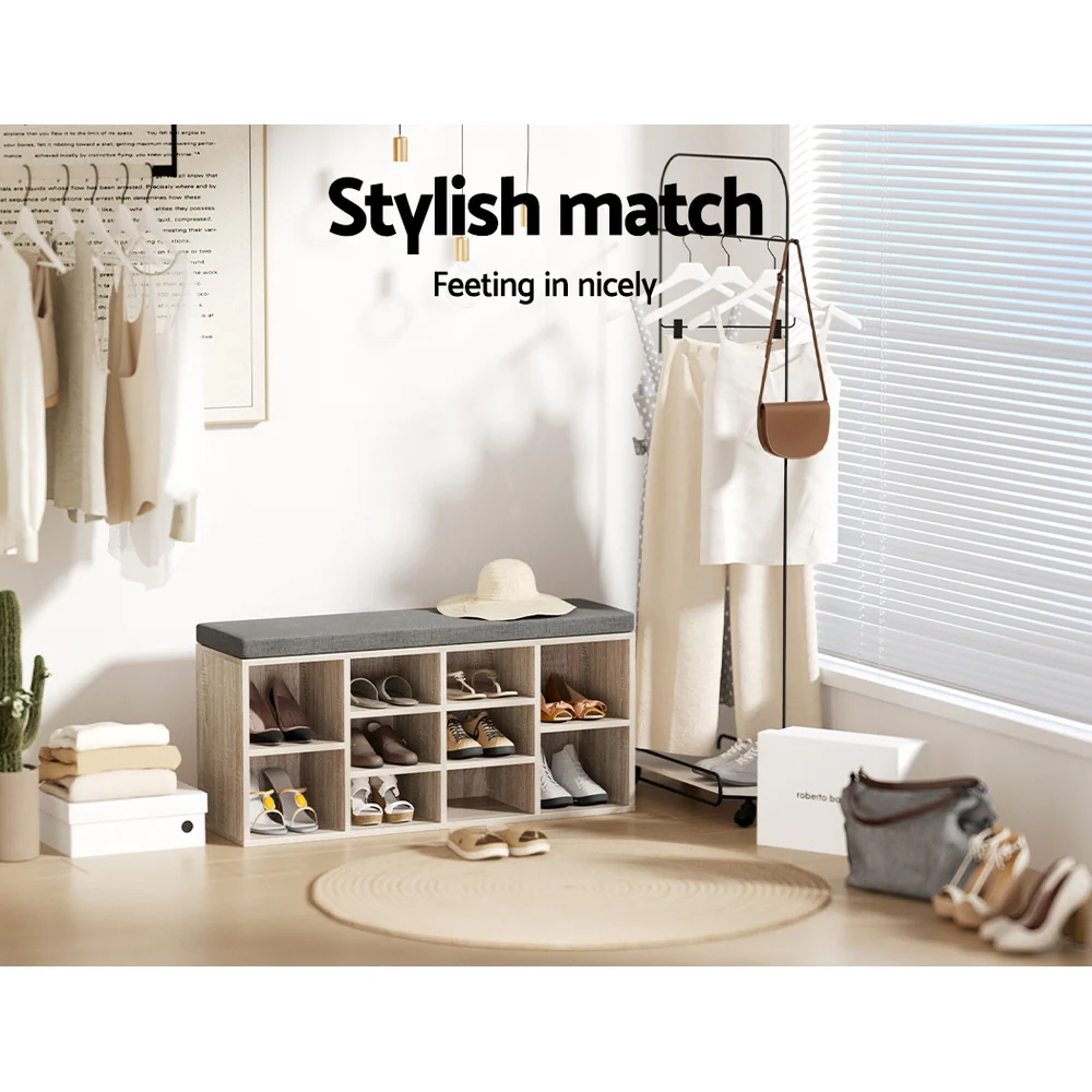 Shoe Shelf Bench with Cushioned Seat – Pine & Grey - Image 5