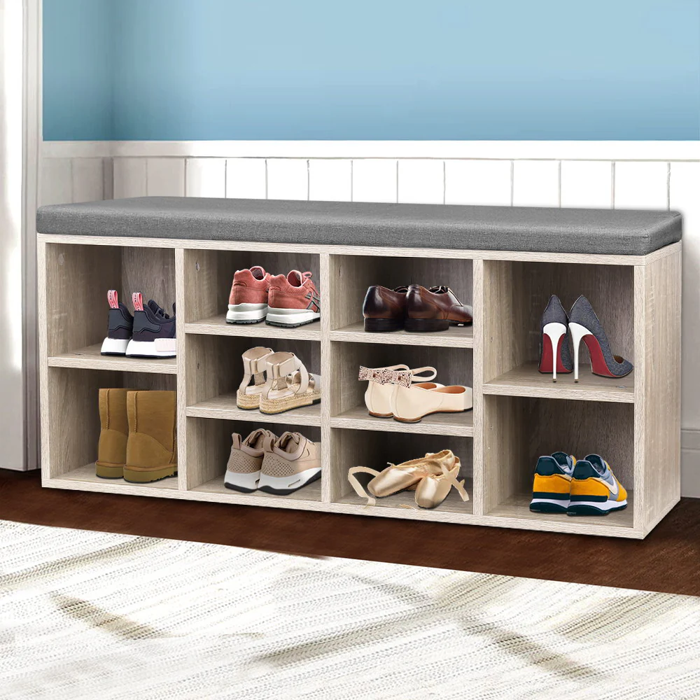 Shoe Shelf Bench with Cushioned Seat – Pine & Grey - Image 6